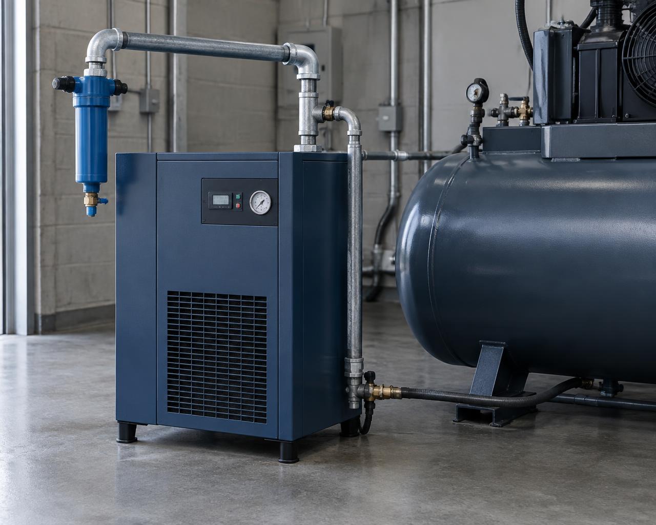 A refrigerated compressed-air dryer piped to a horizontal air compressor tank in a concrete-floored equipment room
